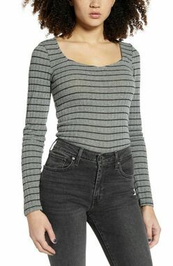 PST Project Social Square Neck Striped Knit Top Grey Black Size Medium NWT
